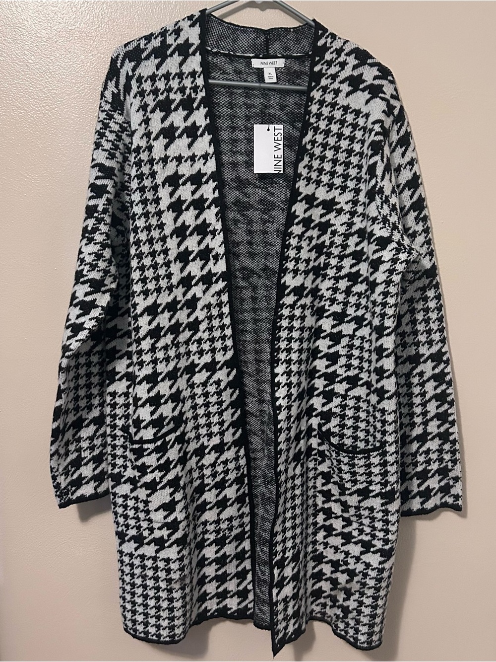 Nine West Black and White Houndstooth Open-Front Cardigan